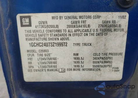 2003 Chevrolet Silverado 2500Hd Work Truck from USA, damaged, VIN 1GCHC24U73Z199972